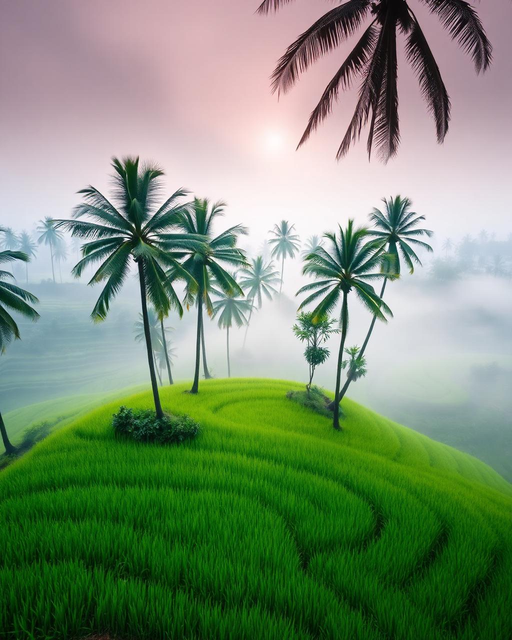 Misty emerald rice terraces framed by palm trees in Bali