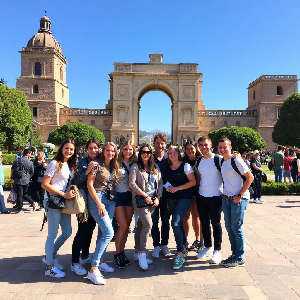 Members of a community group posing together in front of a historic landmark