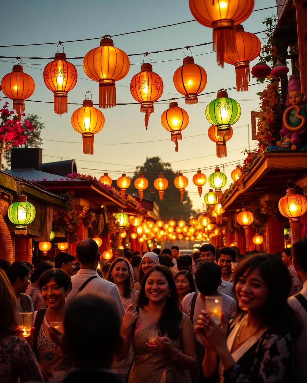A cultural celebration lit by hundreds of hanging lanterns at dusk