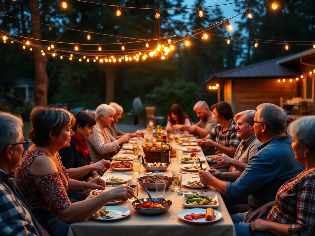 A long outdoor table where the group shares an evening meal under string lights