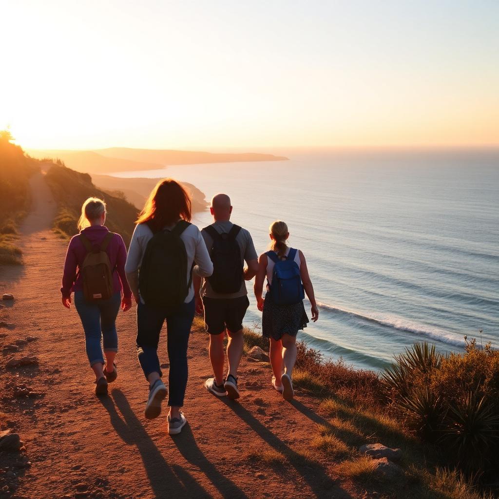 Travellers walking a coastal path together at sunset
