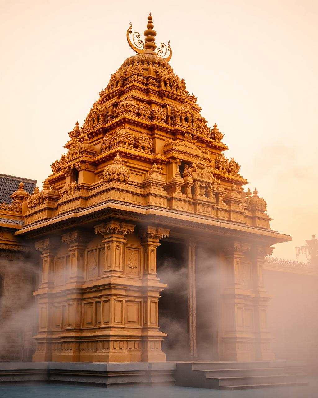 An ornate golden temple tower at sunrise in southern India