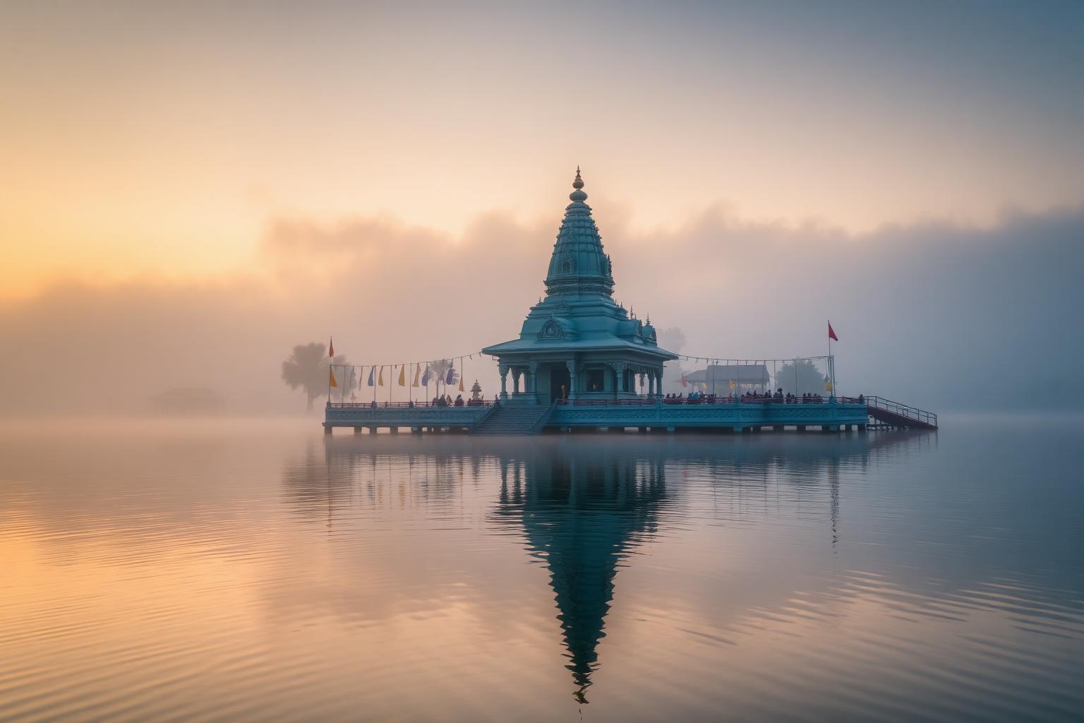 A lakeside temple reflected in still water at sunrise, wrapped in soft mist